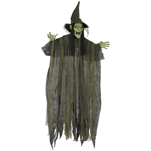 Outsunny 170 cm Life Size Hanging Halloween Animated Witch with Glowing LED Eyes, Spooky Witch Scary Halloween Decorations, Battery Operated, Indoor Party Props