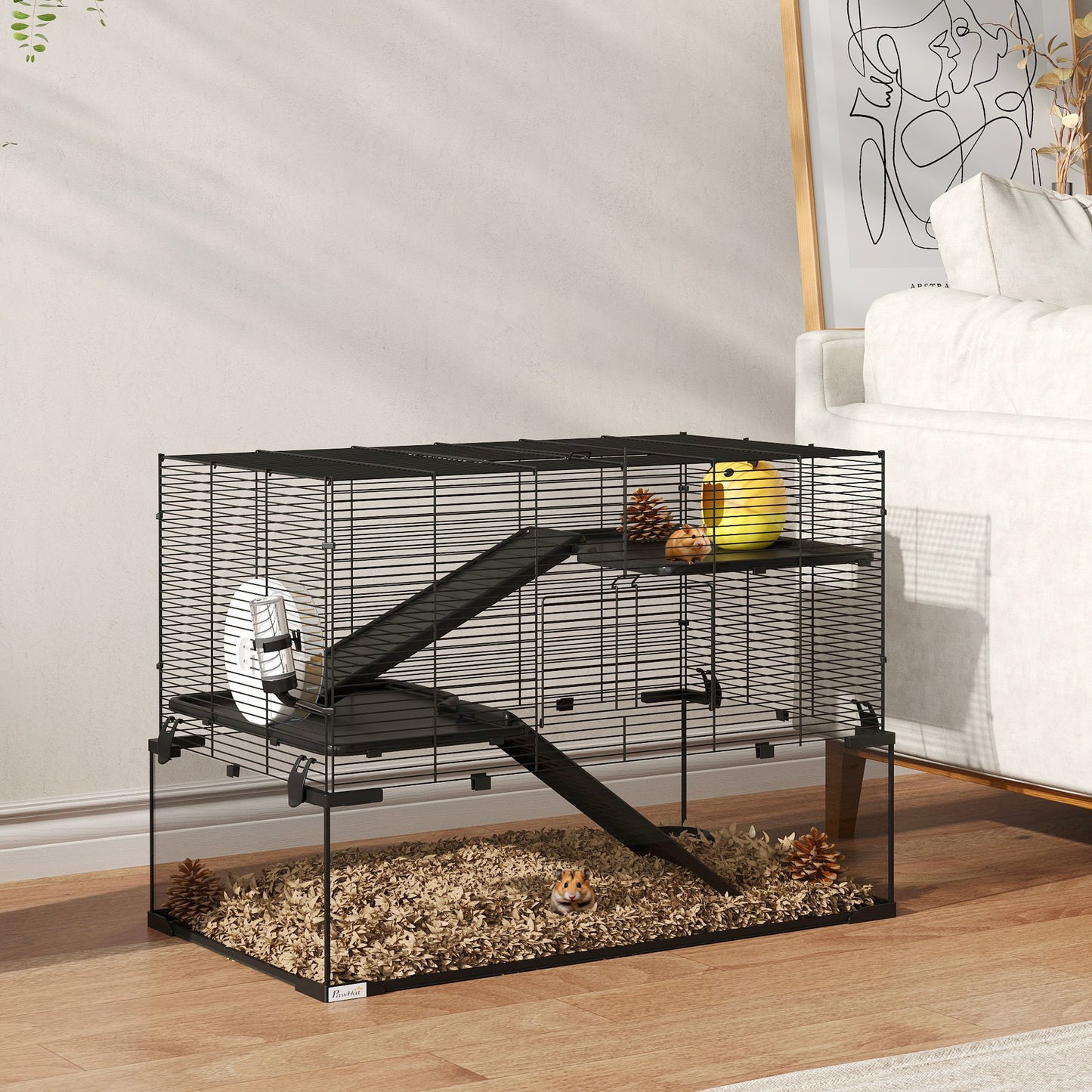 PawHut 3 Tiers Hamster Cage, Gerbil Cage with Deep Glass Bottom, Non-Slip Ramps, Platforms, Hut, Exercise Wheels, Water Bottle, Dish, for Syrian Hamster, Dwarf Hamster, 76.5 x 48.5 x 54.5cm
