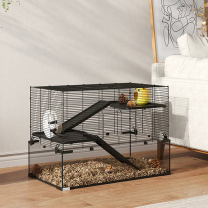 PawHut 3 Tiers Hamster Cage, Gerbil Cage with Deep Glass Bottom, Non-Slip Ramps, Platforms, Hut, Exercise Wheels, Water Bottle, Dish, for Syrian Hamster, Dwarf Hamster, 76.5 x 48.5 x 54.5cm