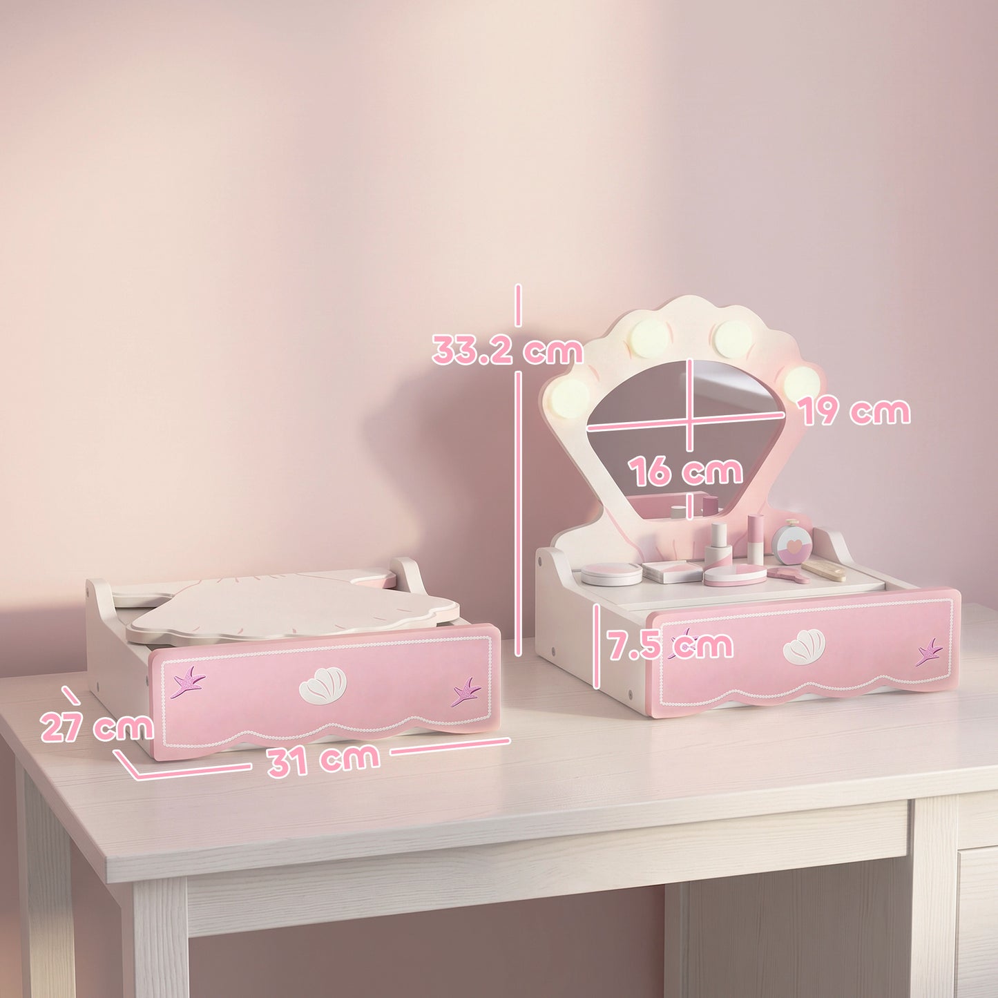 AIYAPLAY Kids Vanity Table, Portable Dressing Table with Lights, Mirror, Drawer, Accessories, Gift for 3-6 Years