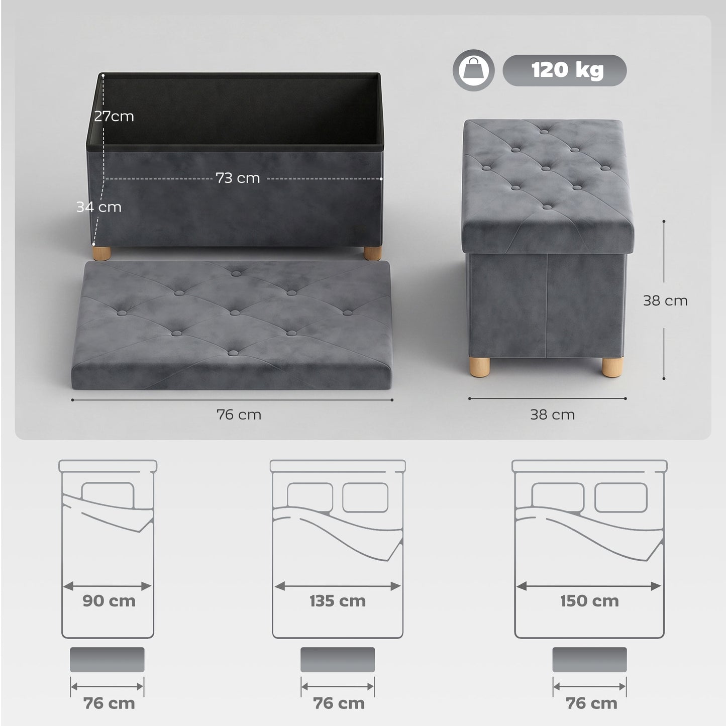 HOMCOM Velvet Upholstered Foldable Ottoman Footrest, Storage Ottoman Bench with Wood Legs for Living Room, Grey