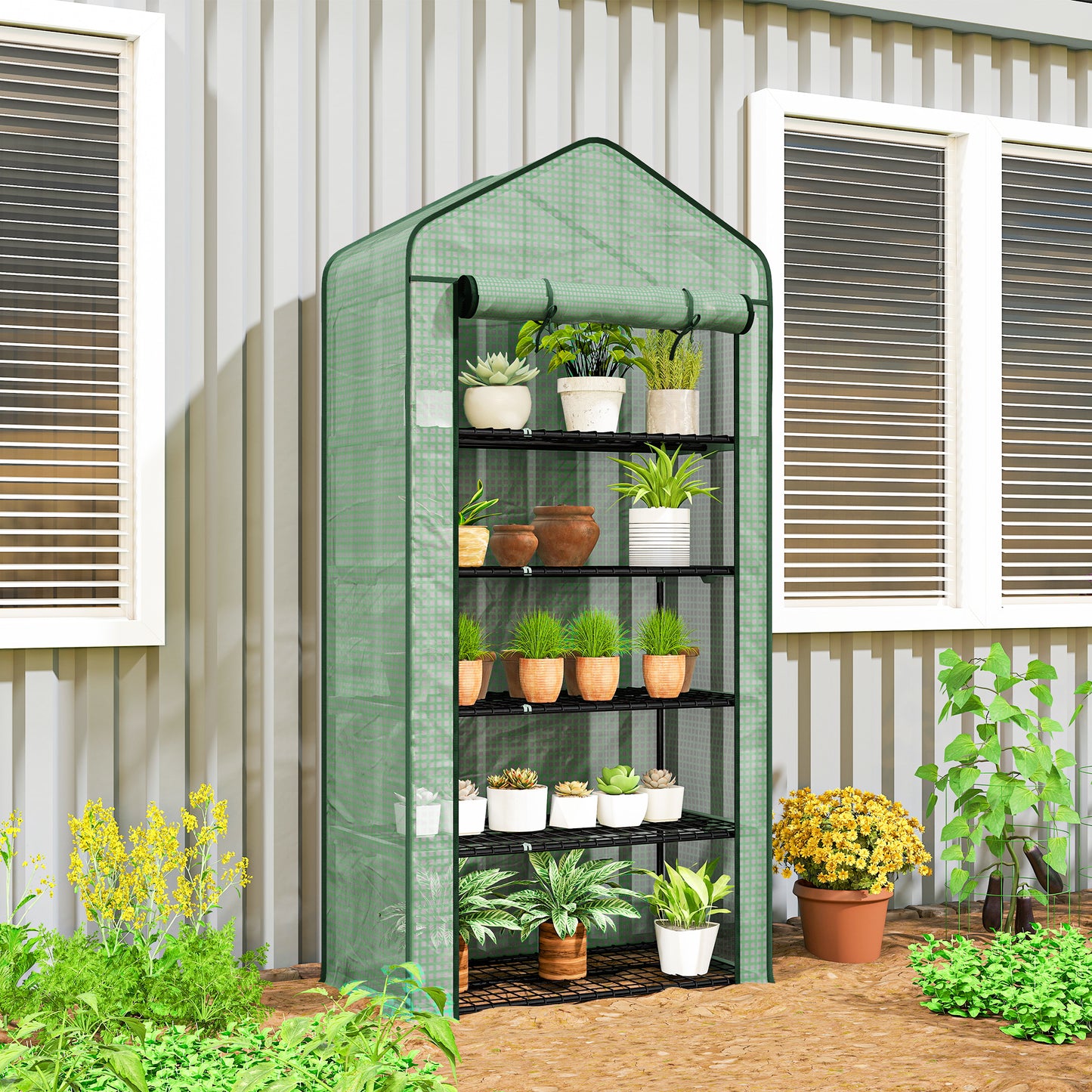 Outsunny 5 Tier Widened Mini Greenhouse with Reinforced PE Cover, Portable Indoor Outdoor Green House with Roll-up Door and Wire Shelves, 90 x 49 x 193cm, Green