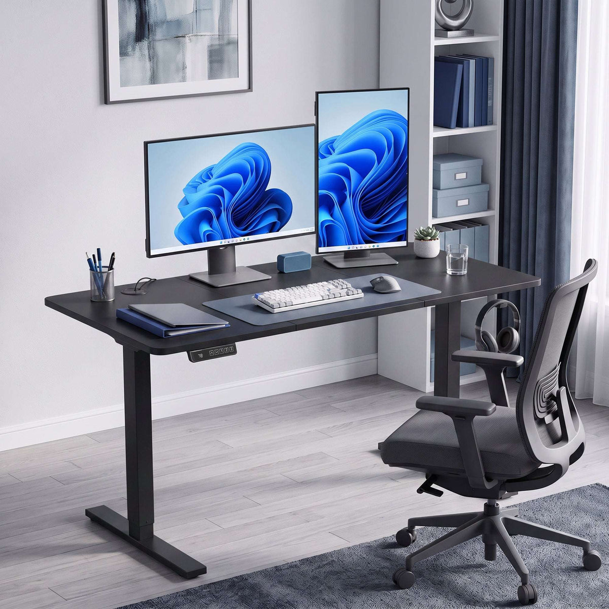HOMCOM Standing Desk Memory Control Height Adjustable Desk 2 Cable Holes LED Display Sit Stand Desk Black