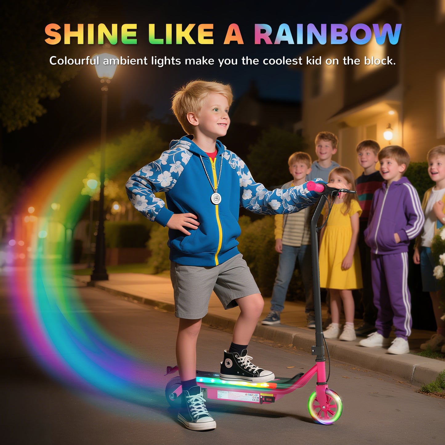 AIYAPLAY Electric Scooter for Kids Aged 6-14 Years, with Colourful Lights, Pink