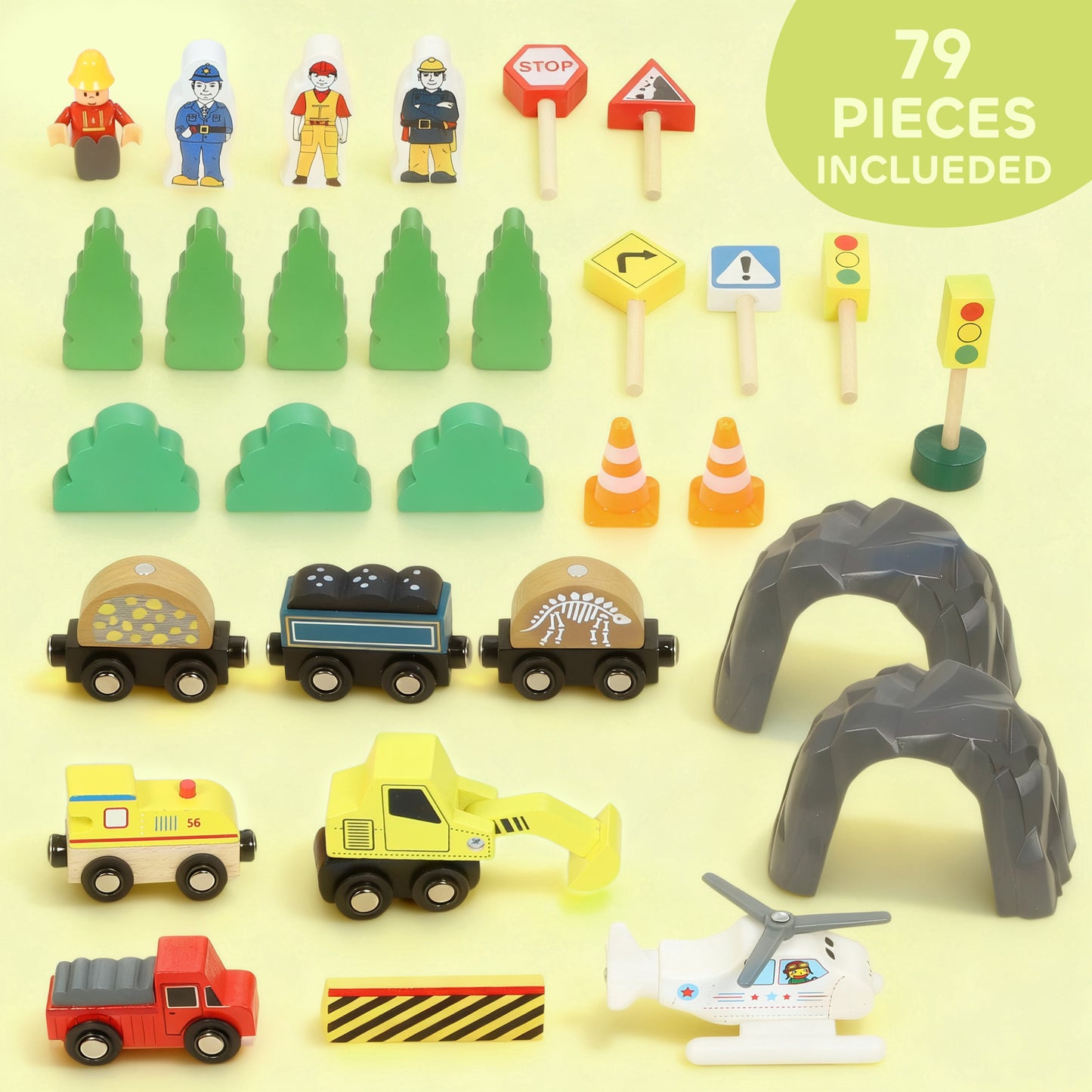 AIYAPLAY 79 Piece Wooden Train Set, Kids Train Track Mine Themed with Crane, Helicopter--ChewyGames-ChewyGames