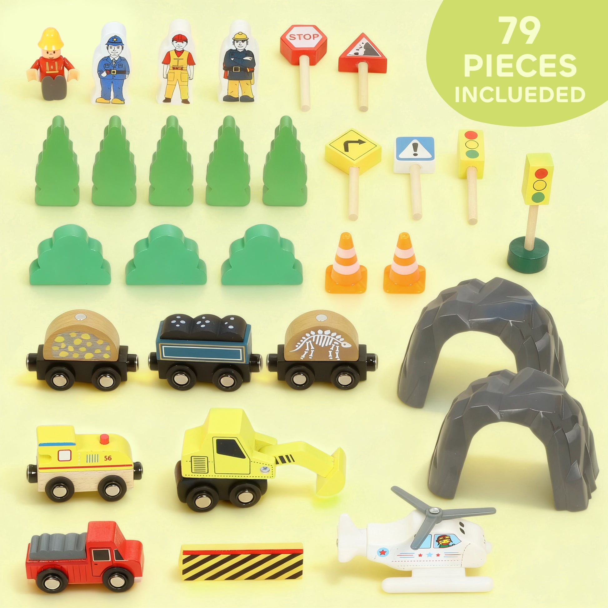 AIYAPLAY 79 Piece Wooden Train Set, Kids Train Track Mine Themed with Crane, Helicopter--ChewyGames-ChewyGames