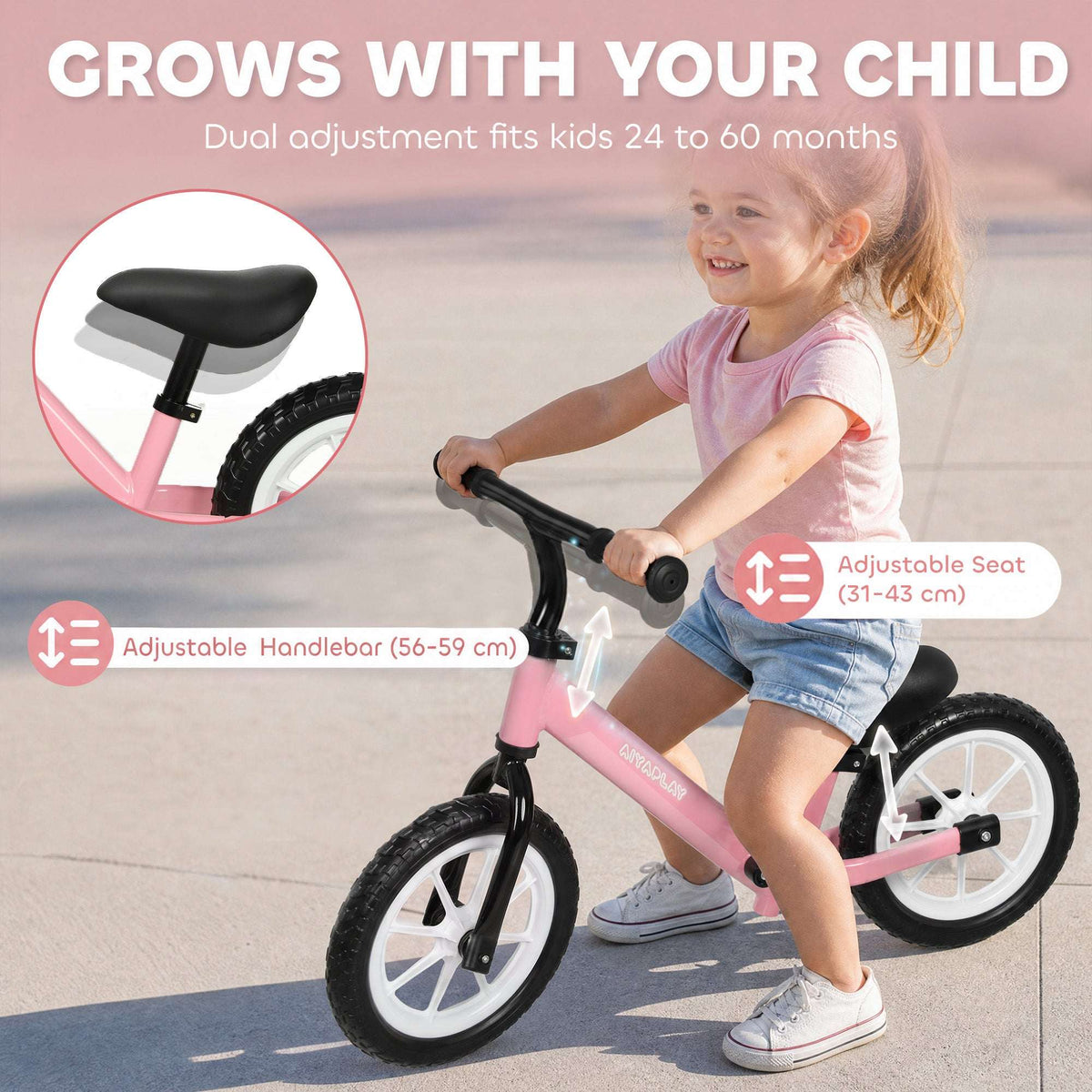 AIYAPLAY 11.2" Balance Bike for 2-5 Years, Toddler Bike with Lighting Wheels, Adjustable Seat & Handlebar, 360° Steering, Pink