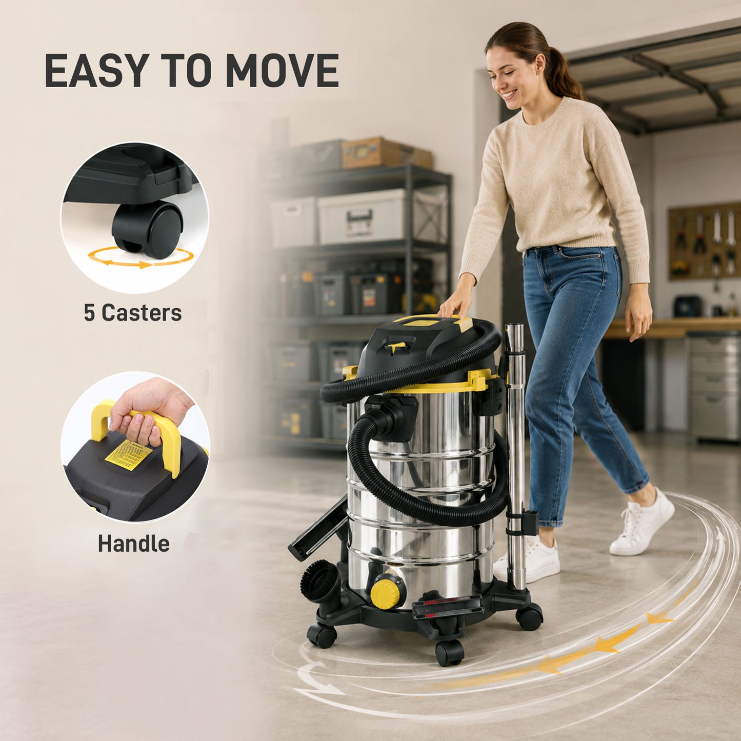 HOMCOM 1400W Vacuum Cleaner, 3-in-1 Wet and Dry Vacuum Cleaner with Blowing Mode and 30L Stainless Steel Tank, Yellow