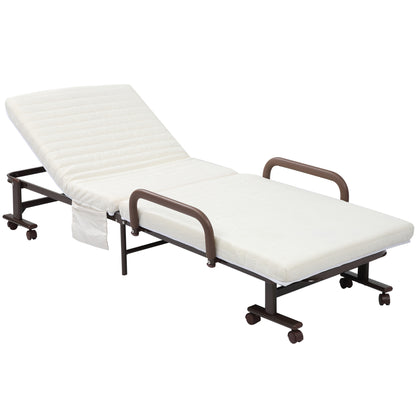 HOMCOM Folding Bed with Mattress, Single Guest Bed, Portable Fold Bed with Adjustable Backrest, White