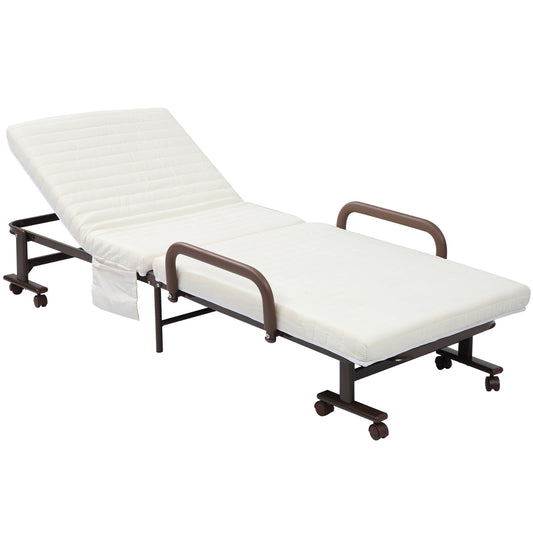 HOMCOM Folding Bed with Mattress, Single Guest Bed, Portable Fold Bed with Adjustable Backrest, White