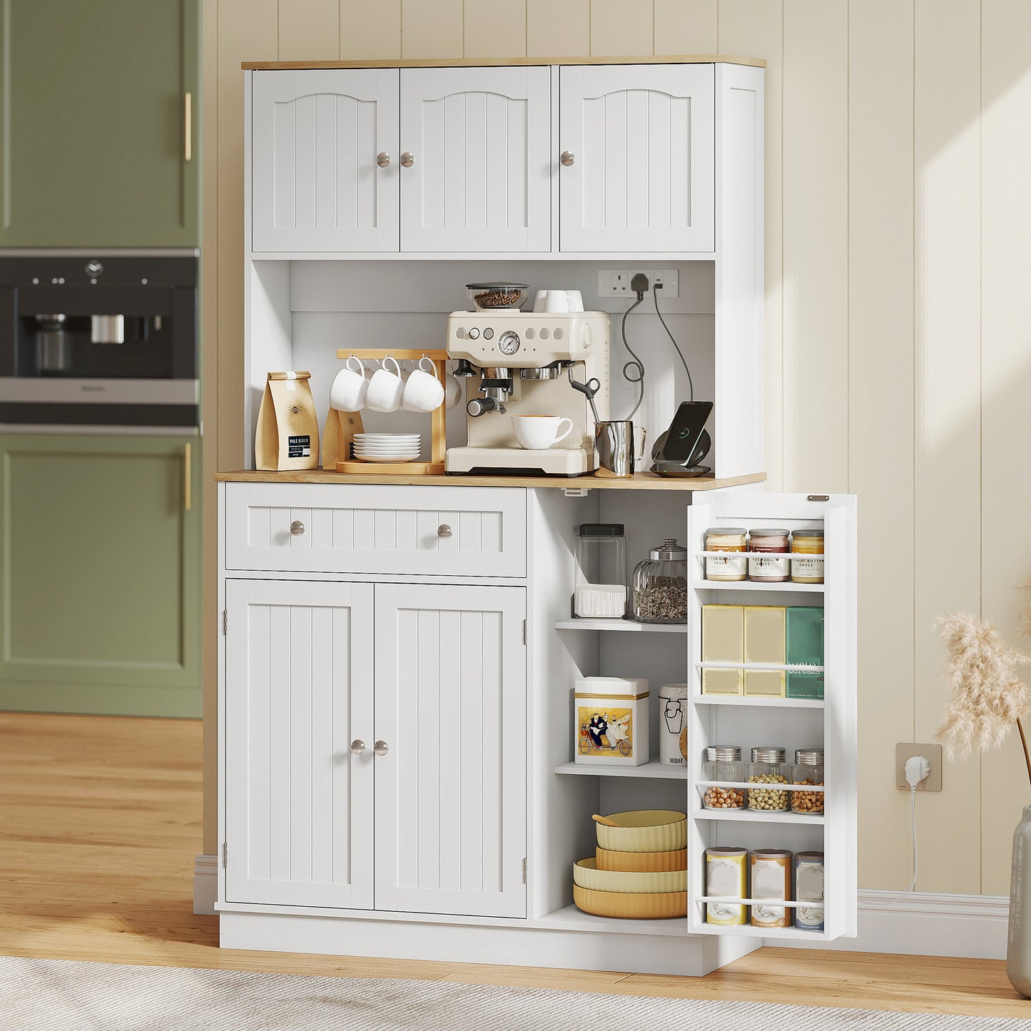 HOMCOM 173 cm Tall Kitchen Cupboard with Charging Station, Pantry Storage Cabinet with Adjustable Shelves and 4 Door Racks