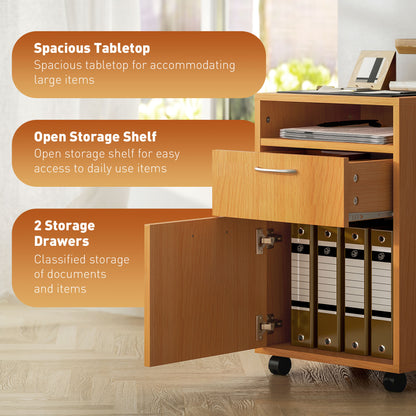 HOMCOM Filing Cabinet, Mobile File Cabinet with 2 Lockable Drawers, Office Home Organiser on Wheels for A4, Letter-Size File Folders, Mobile Printer with Open Shelf, Natural Wood Finish
