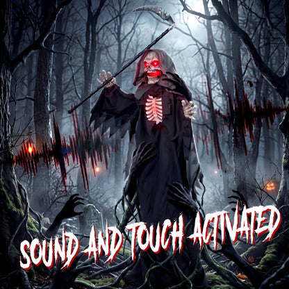 HOMCOM 170cm Life Size Animated Grim Reaper Halloween Decoration, Scary Halloween Animatronics Decor with Sound Touch Activated