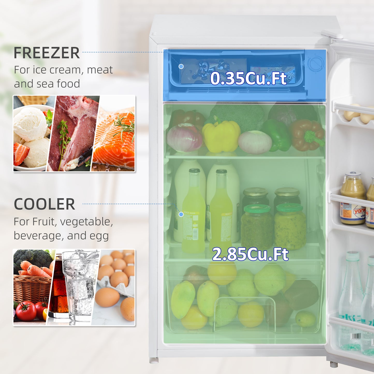 HOMCOM Under Counter Fridge, 91L Small Fridge with Chiller Box, Removable Shelf, Reversible Door, Adjustable Legs, Mini Refrigerator, White