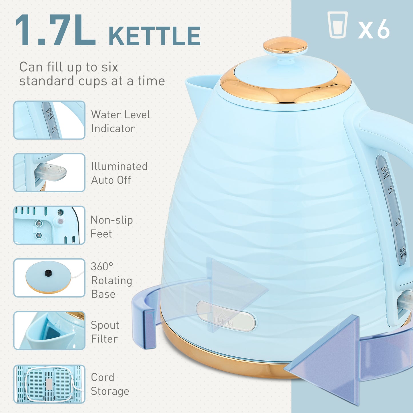 HOMCOM 3000W 1.7L Kettle & 4 Slice Toaster, Kettle and Toaster Set with 7 Browning Controls and Crumb Tray, Light Blue