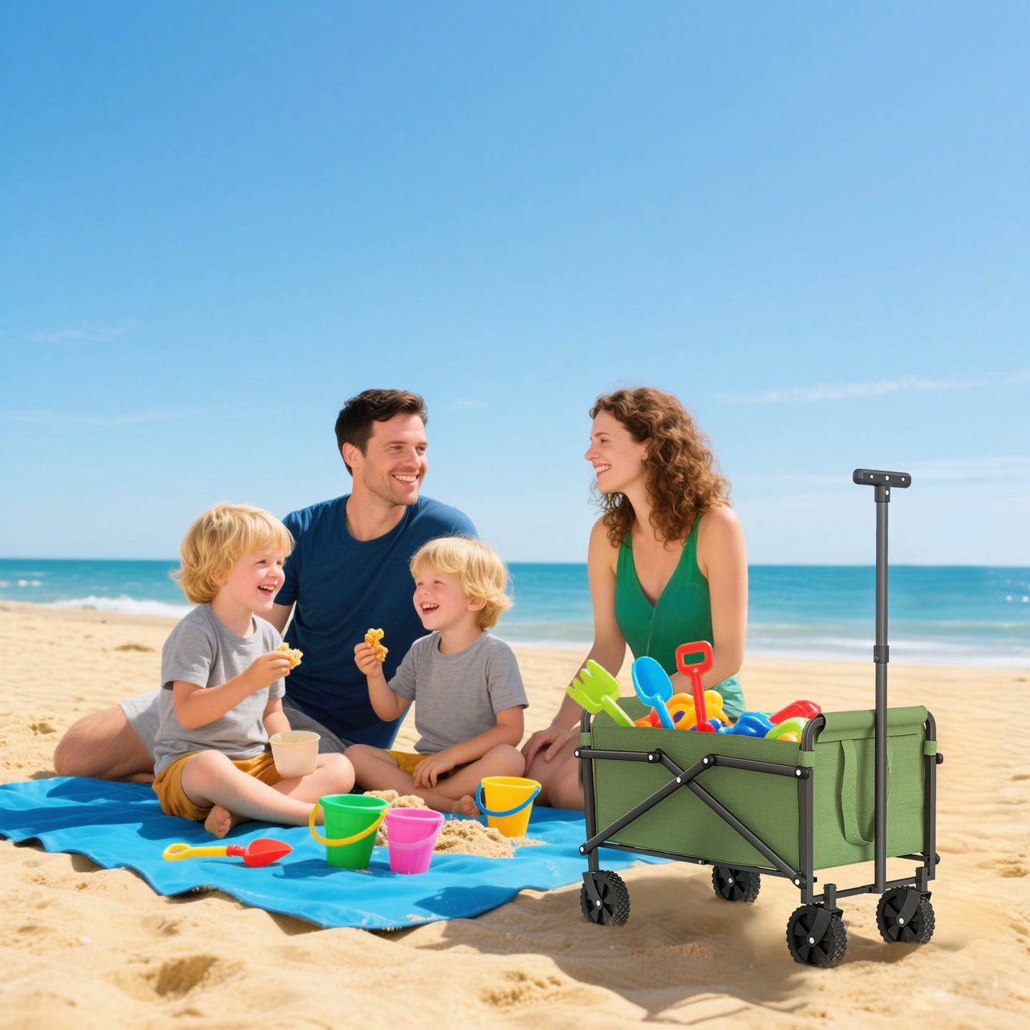 Outsunny 41L Festival Trolley on Wheels, Compact Garden Folding Trolley Cart, 60kg Heavy Duty Collapsible Foldable Wagon with Adjustable Handle and Carrying Bag for Beach, Camping, Festival, Green