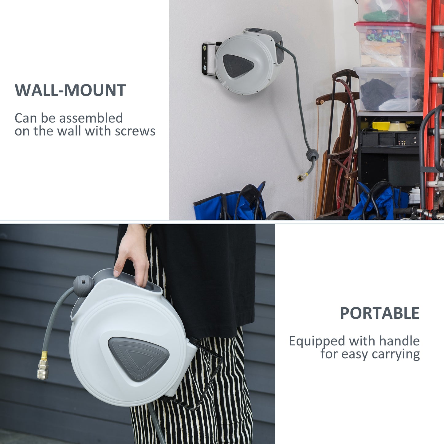 DURHAND Retractable Air Hose Reel, Wall Mount Auto Rewind Hose- Reel, 15m+ 140cm Diameter 3/ 8" 9.5mm, Connector 1/ 4" BSP, Grey