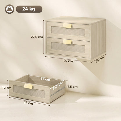 HOMCOM Modern Floating Nightstands Set of 2, Wall Mounted Bedside Tables with 2 Drawers, Oak