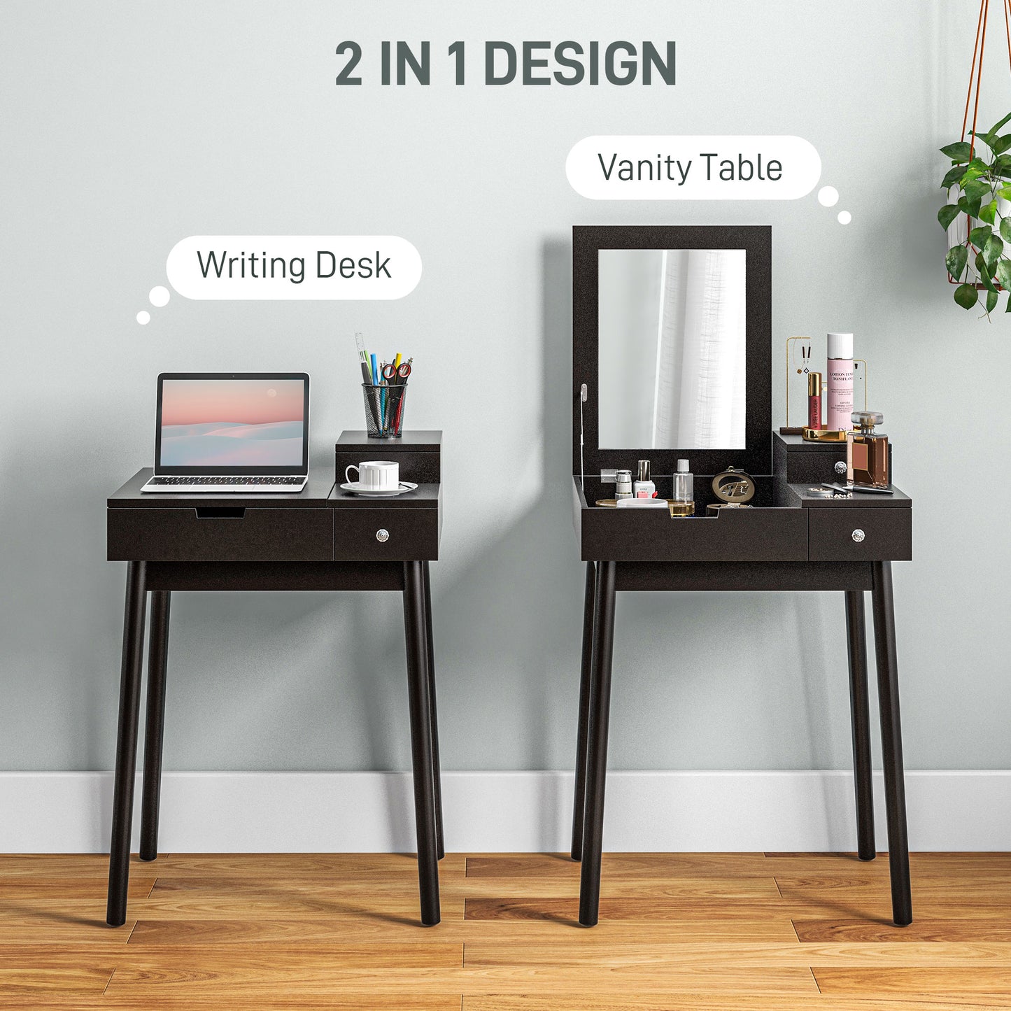 HOMCOM Dressing Table with Flip-up Mirror, Makeup Desk with 2 Drawers and Pine Wood Legs, Vanity Table Writing Desk for Bedroom Living Room, Black
