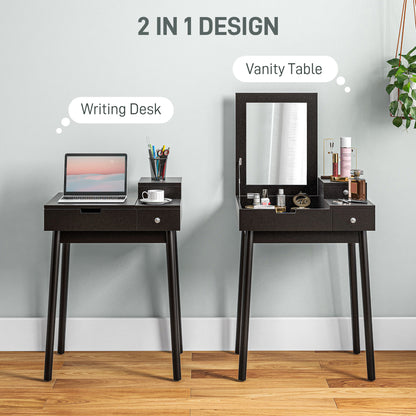 HOMCOM Dressing Table with Flip-up Mirror, Makeup Desk with 2 Drawers and Pine Wood Legs, Vanity Table Writing Desk for Bedroom Living Room, Black