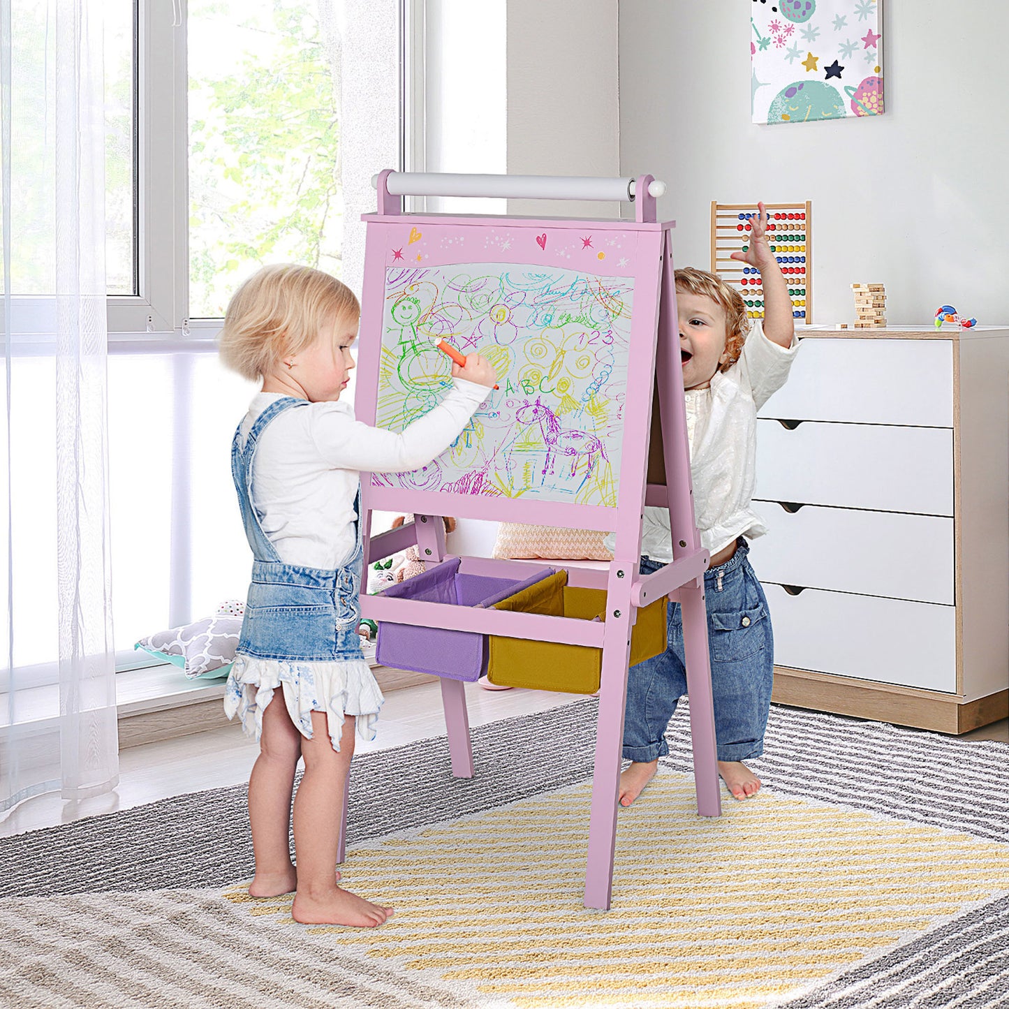 HOMCOM Kids Easel 3 in 1 Wooden Art Easel with Paper Roll Double-Sided Chalkboard & Whiteboard with Storage Baskets for Toddler Girls, Pink--ChewyGames-ChewyGames