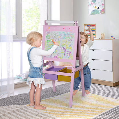 HOMCOM Kids Easel 3 in 1 Wooden Art Easel with Paper Roll Double-Sided Chalkboard & Whiteboard with Storage Baskets for Toddler Girls, Pink--ChewyGames-ChewyGames