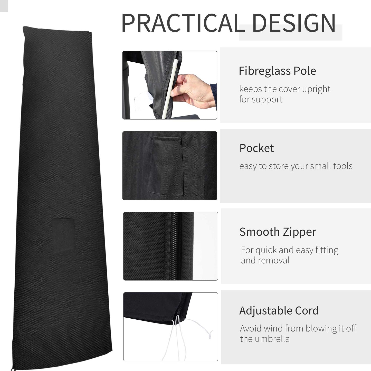 Outsunny Garden Parasol Cover, Waterproof Outdoor Cantilever Banana Umbrella Protector, 300D Oxford Fabric, 240 x 48/70 cm for 3 m Cantilever Parasol, Black