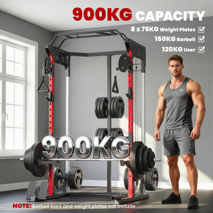 SPORTNOW Power Cage, Power Rack with Adjustable Cable Pulley System, Pull-Up Bar, Dip Station, Landmine