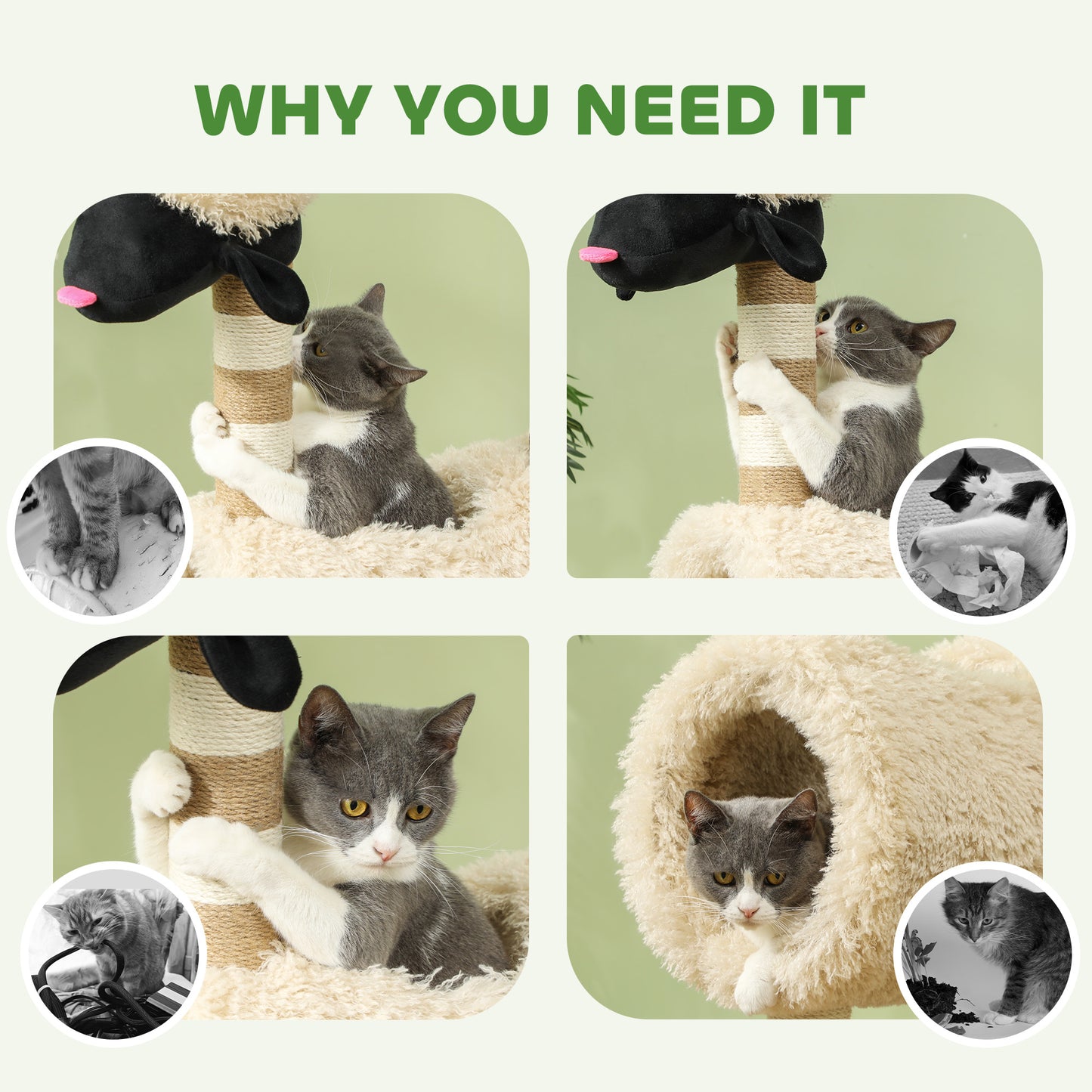 PawHut Cat Tree Sheep Design, 98 cm Multi-Level Cat Tower with Scratching Posts, Tunnel & Play Ball, Light Brown