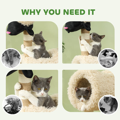 PawHut Cat Tree Sheep Design, 98 cm Multi-Level Cat Tower with Scratching Posts, Tunnel & Play Ball, Light Brown