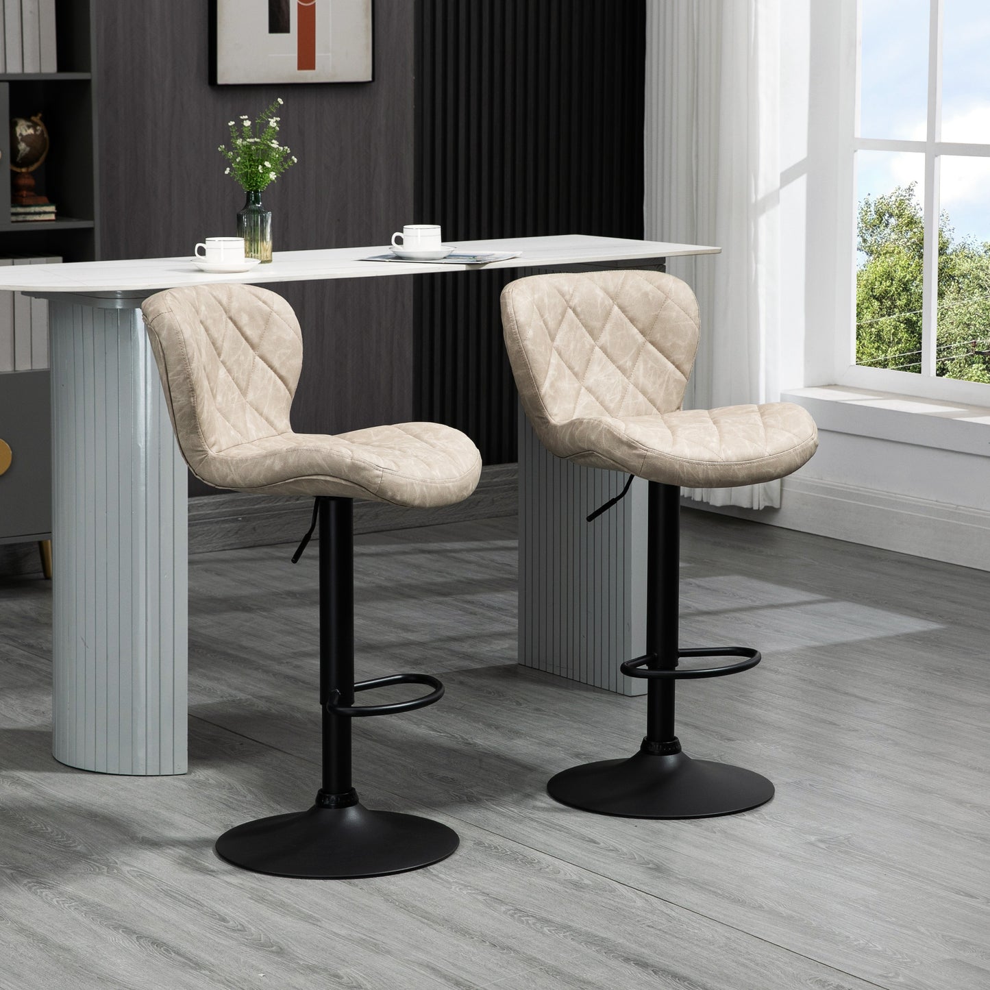 HOMCOM Bar Stools, Set of 2 Breakfast Bar Chairs, Swivel Barstools with Backrest and Footrest, Steel Frame Diamond Pattern PU, for Kitchen Counter, Dining Room, Light Khaki--ChewyGames-ChewyGames