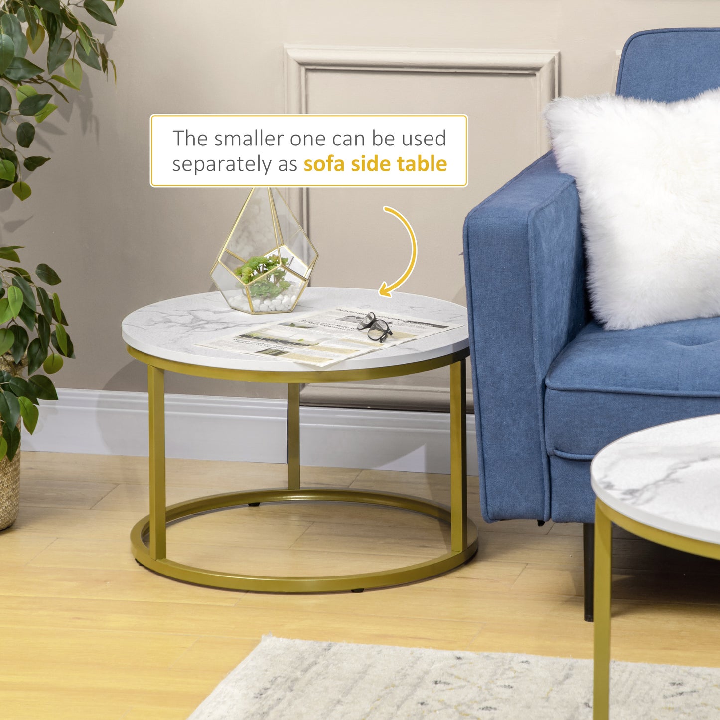 HOMCOM Coffee Table Set of 2, Round Nest of Tables with Metal Frame, Modern Side Tables for Living Room, White