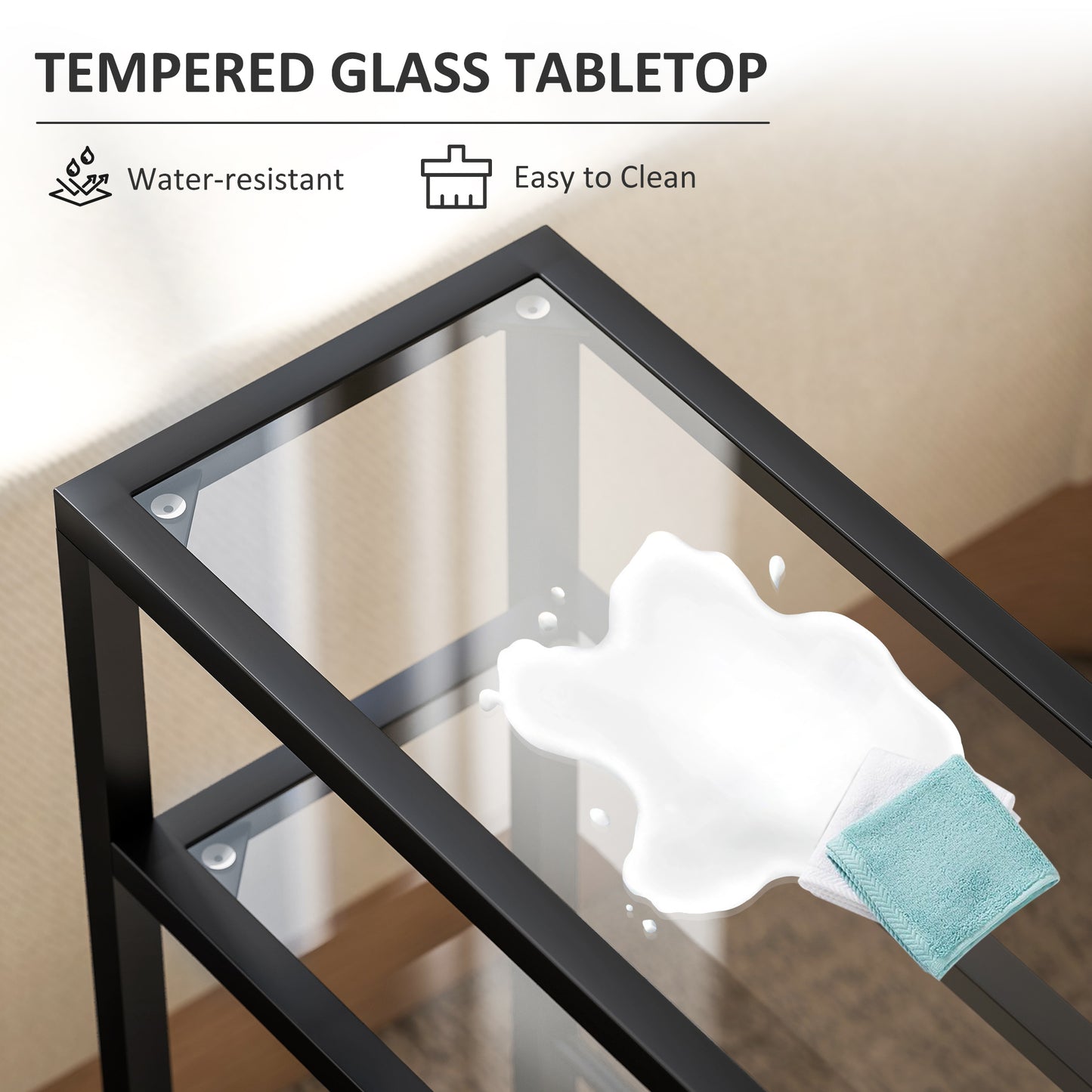 HOMCOM 3-Tier Side Table, Narrow End Table with Storage Shelf and Tempered Glass Tabletop for Small Spaces, Black-End Tables-ChewyGames-ChewyGames