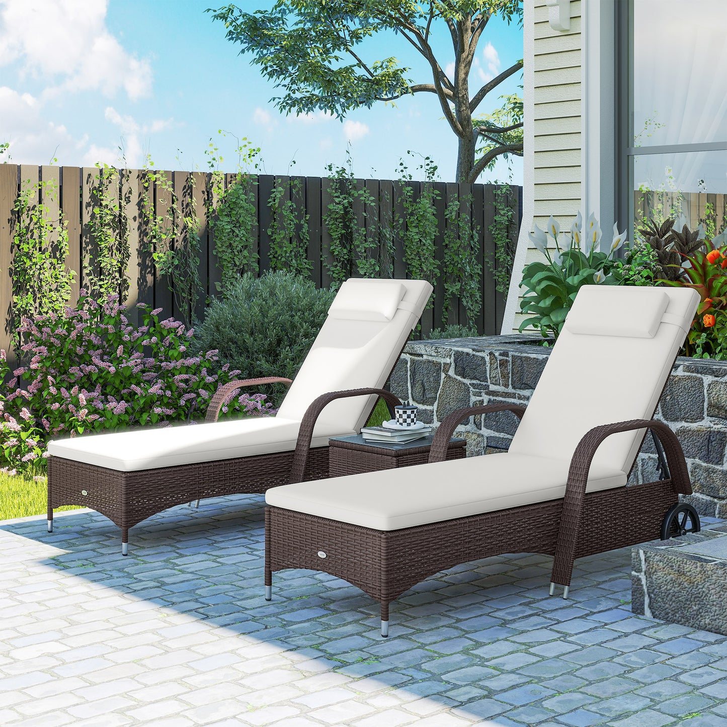 Outsunny Rattan Sun Loungers Set of 2 with Side Table, 3-Piece Garden Furniture Set, Adjustable Recliner Sunlounger Sunbed with Cushions & Headrest, Wheels, Outdoor Patio Daybed, Brown