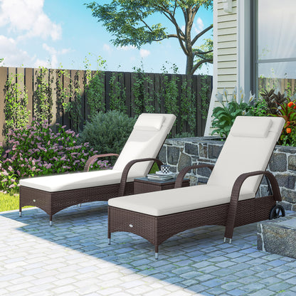 Outsunny Rattan Sun Loungers Set of 2 with Side Table, 3-Piece Garden Furniture Set, Adjustable Recliner Sunlounger Sunbed with Cushions & Headrest, Wheels, Outdoor Patio Daybed, Brown