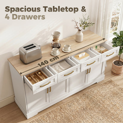 HOMCOM Sideboard Buffet Cabinet, 140 cm Kitchen Storage Cabinet with 4 Drawers, 4 Doors and 2 Adjustable Shelves, White