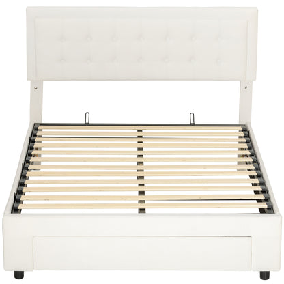 HOMCOM Double Ottoman Bed Frame, with Front Drawer Cream