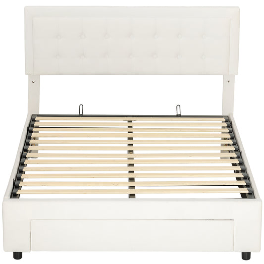 HOMCOM Double Ottoman Bed Frame, with Front Drawer Cream
