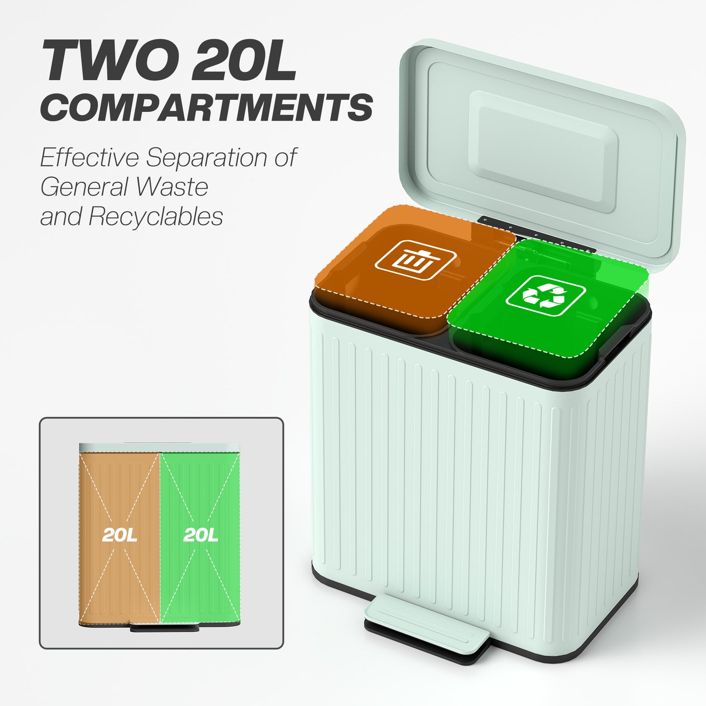 HOMCOM 40L Dual Compartment Rubbish Bin, with Soft-Close Lid - Green