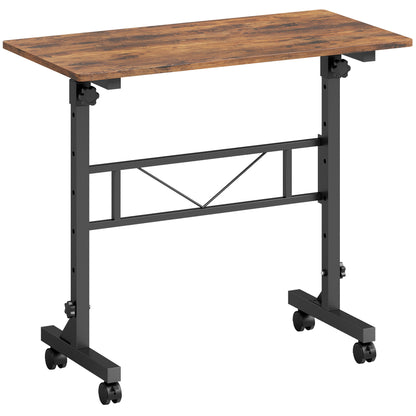 HOMCOM Overbed Table Adjustable Height Sofa Side Table with Wheels 80 x 40 cm Rustic Brown Black