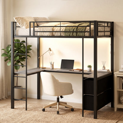 HOMCOM Metal Bunk Bed with Desk, High Sleeper Bed with LED Light and Safety Guardrail for Teens Adults, No Box Spring Needed