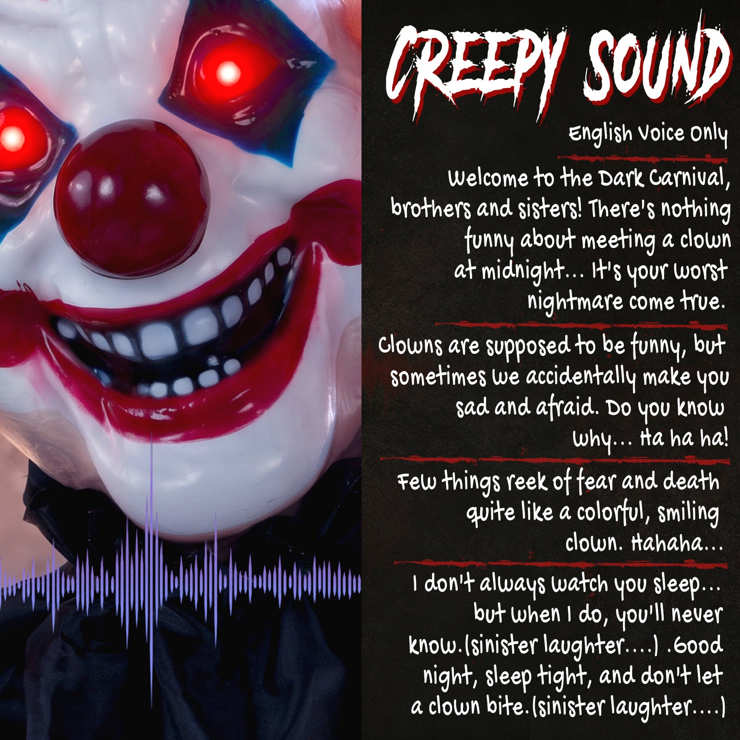 HOMCOM 190cm Life Size Animated Clown Halloween Decoration, Scary Halloween Animatronics Decor with Sound Touch Activated