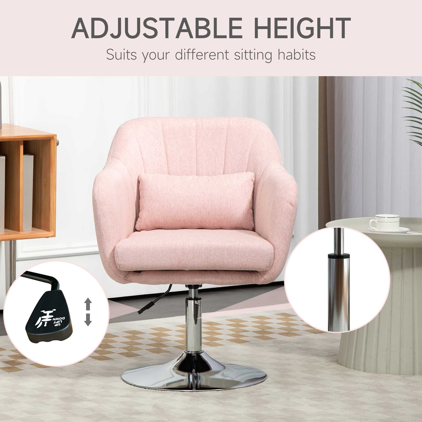 HOMCOM Swivel Accent Chair, Linen Fabric Tub Vanity Chair, Modern Armchair with Adjustable Height and Lumbar Support for Living Room Bedroom Salon Make up Room Dressing Table, Pink