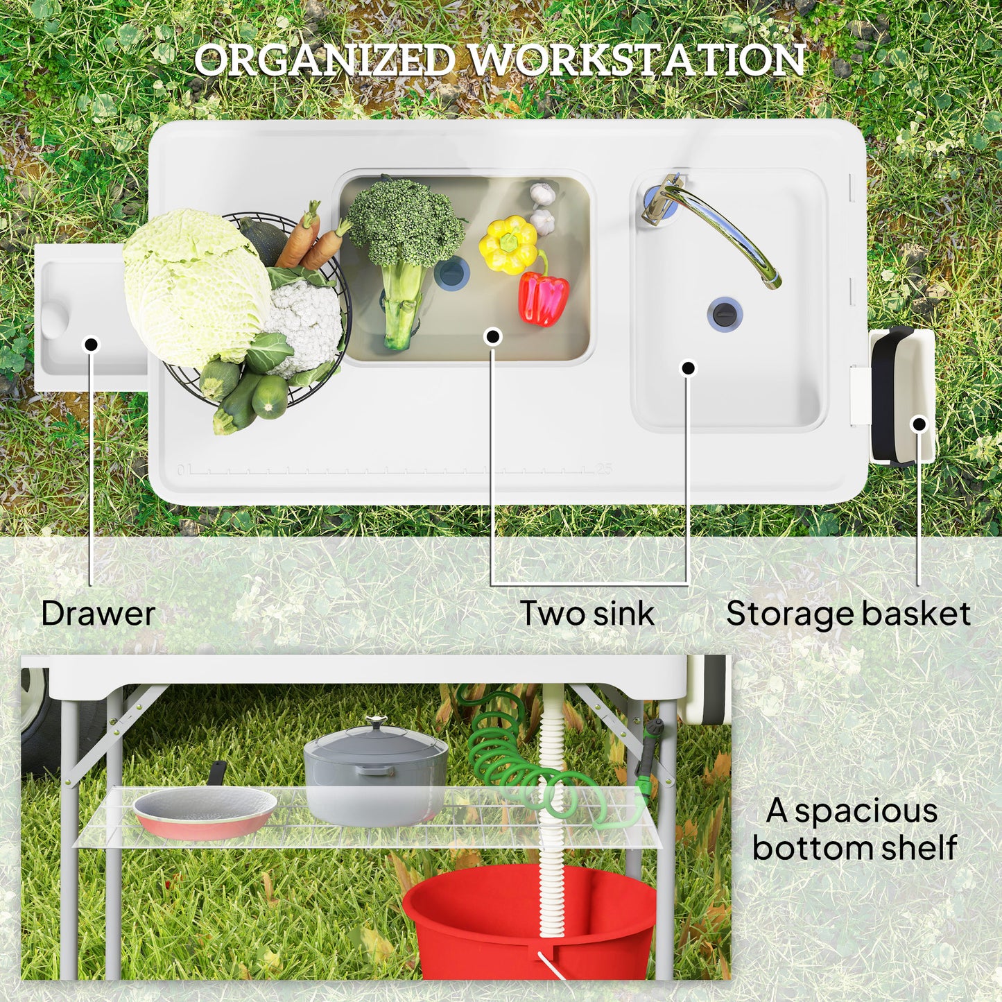 Outsunny Folding Fish Cleaning Table with Sinks, Portable Camping Sink Table with Faucet, Drainage Hose