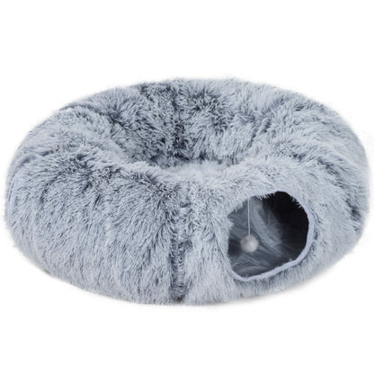 PawHut 2-in-1 Donut Cat Tunnel with Washable Bed, Play Tunnel Bed with Toy Ball and Door Hole for Indoor Cats, Light Grey--ChewyGames-ChewyGames