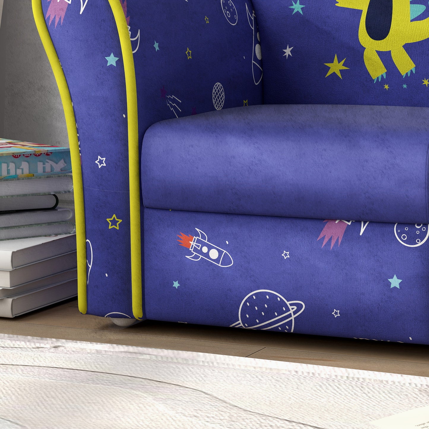 AIYAPLAY Kids Armchair with Planet Dinosaurs Design, Wooden Frame, for Bedroom, Playroom, Kids Room - Blue-Play Sofas-ChewyGames-ChewyGames