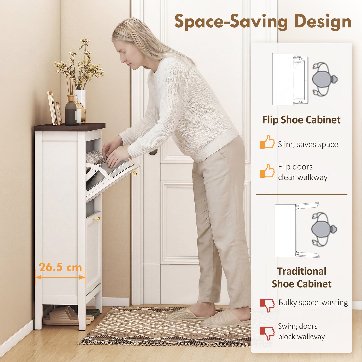 HOMCOM Shoe Cabinet with 2 Flip Drawers, Farmhouse Narrow Shoe Storage Cabinet with Adjustable Shelves, White