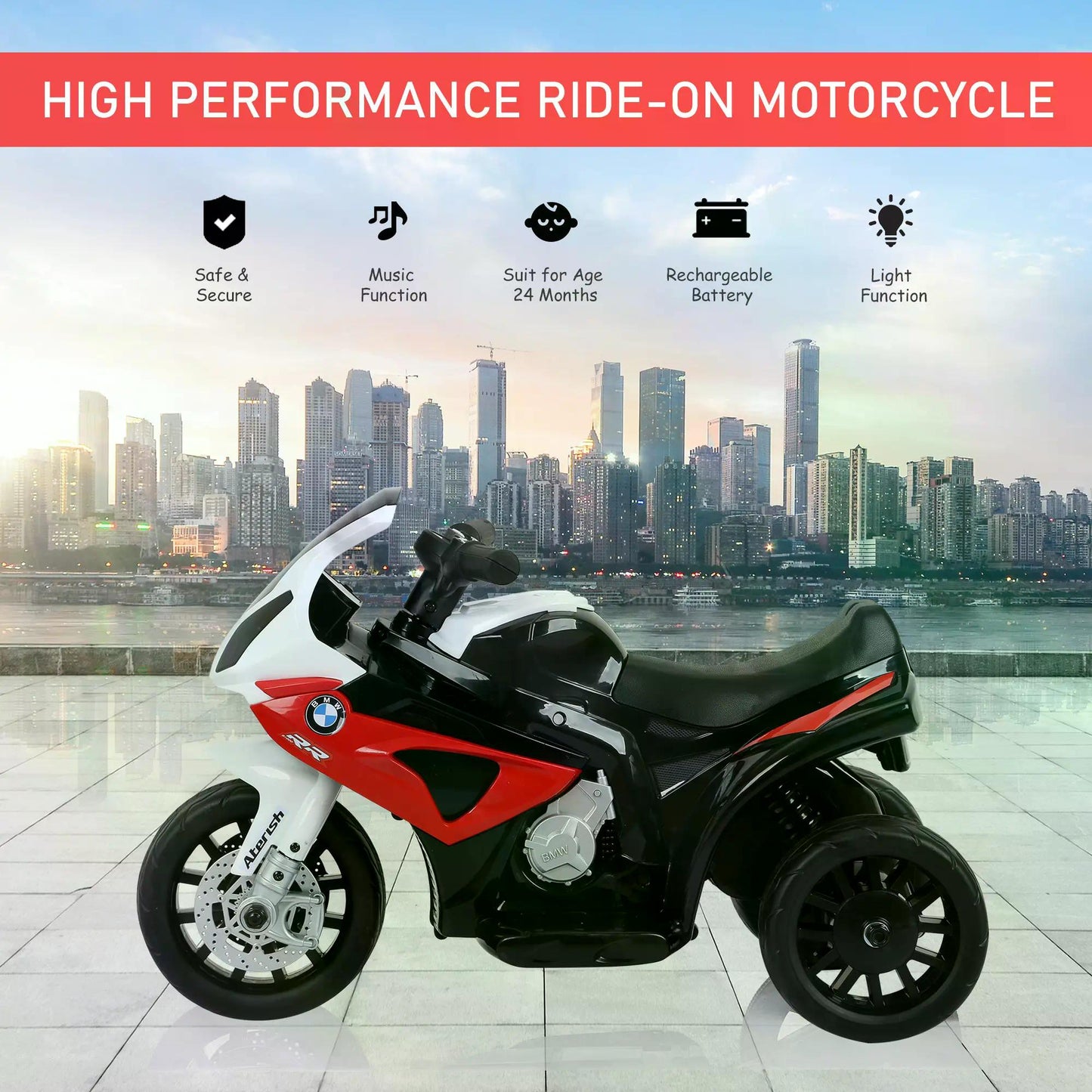 HOMCOM Electric Motorbike for Kids Ride on BMW Motorbike W/Headlights and Music, 6 V-Red