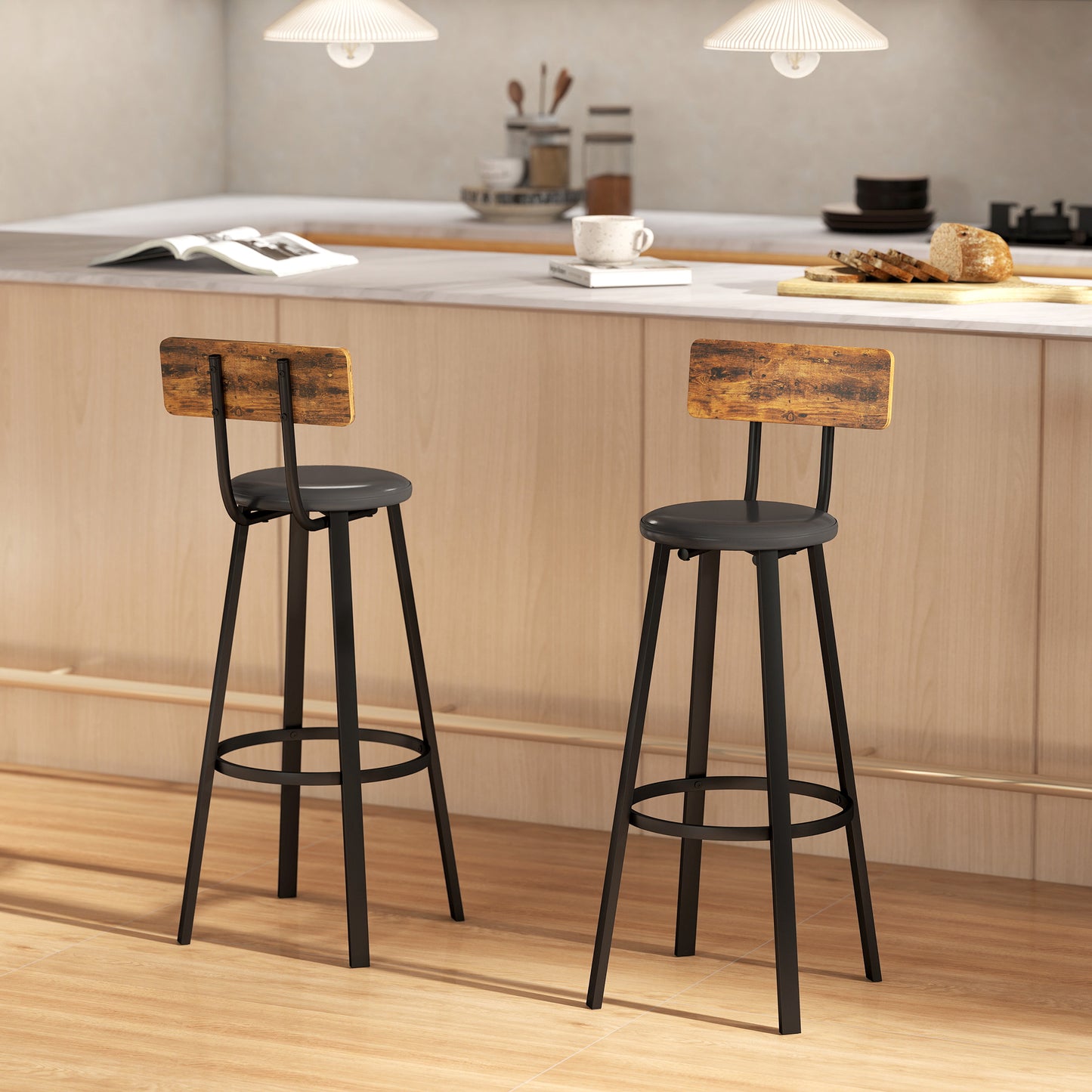 HOMCOM Set of Two Industrial-Style Bar Stools - Brown/Black
