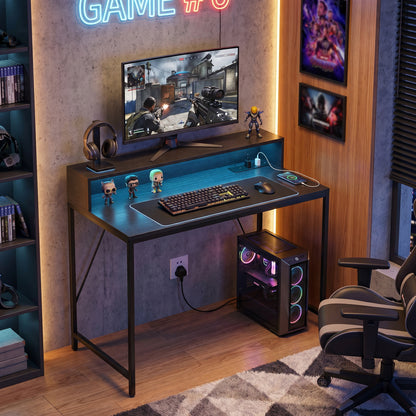 HOMCOM Gaming Desk, 100cm Computer Desk with LED Lights, Power Outlets, Monitor Stand and Remote, Black Wood-Effect